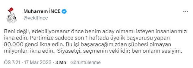 İnce, 'Kılıçdaroğlu lehine adaylıktan çekil' çağrılarına İnce yanıt verdi: Beni değil, milyonları ikna edin