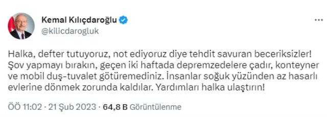 Kılıçdaroğlu'ndan çadır isyanı: Şov yapmayı bırakın, insanlar soğuk yüzünden az hasarlı evlerine dönmek zorunda kaldı