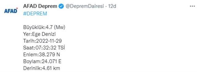 Son Dakika! Ege Denizi'nde 4.7 büyüklüğünde deprem