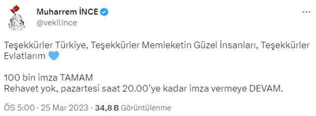 Son Dakika: Memleket Partisi lideri Muharrem İnce, 100 bin imzayı dördüncü günde aşarak 3. cumhurbaşkanı adayı oldu