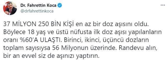 Son Dakika! 18 yaş ve üstü nüfusta ilk doz aşısı yapılanların oranı yüzde 60'a ulaştı