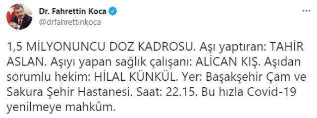 Bu hızla koronavirüs yenilmeye mahkûm! Bakan Koca 1,5 milyonuncu doz aşı kadrosunu paylaştı