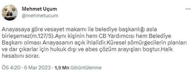 Cumhurbaşkanı Başdanışmanı Uçum: İmamoğlu ve Yavaş cumhurbaşkanı yardımcısı olamaz, anayasanın açık ihlalidir