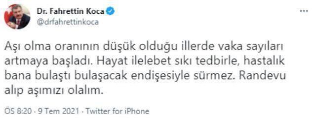 Bakan Koca: Aşı olma oranının düşük olduğu illerde vaka sayıları artmaya başladı