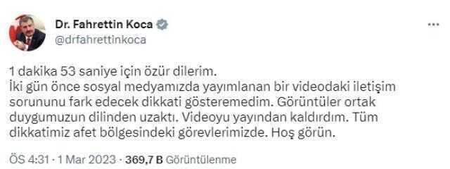 Bakan Koca, tepkilere neden olan videoyu kaldırdı: 1 dakika 53 saniye için özür dilerim