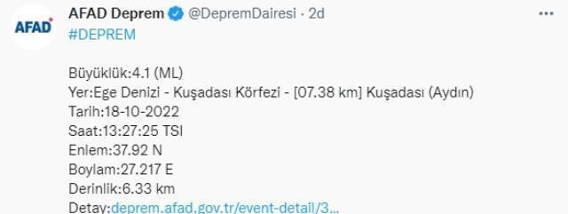 Son Dakika: Ege Denizi'nde 4.1 büyüklüğünde deprem! İzmir ve Aydın'da hissedildi