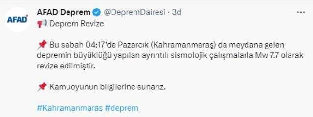Son Dakika! Kahramanmaraş'ın Pazarcık ilçesinde meydana gelen depremin büyüklüğü AFAD tarafından 7.7 olarak güncellendi