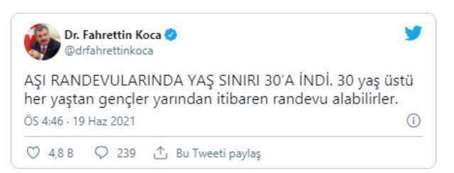Son Dakika: Aşılamada yaş sınırı 30'a düştü, yarından itibaren randevu alınabilecek