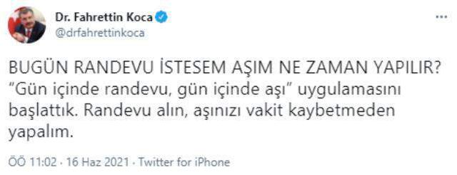 Son Dakika: Sağlık Bakanı Fahrettin Koca: Gün içinde randevu, gün içinde aşı uygulamasını başlattık