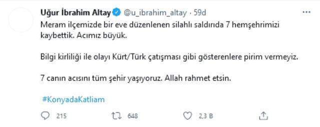 7 kişinin öldürüldüğü katliamla ilgili Konya Büyükşehir Belediye Başkanı'ndan açıklama: Olayı Kürt/Türk çatışması gibi gösterenlere pirim vermeyiz