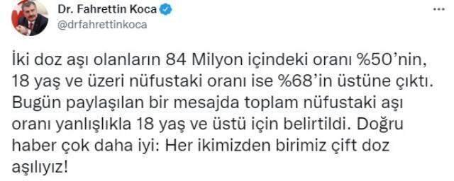 Bakan Koca hatasını düzeltti: Her iki kişiden biri çift doz aşılı