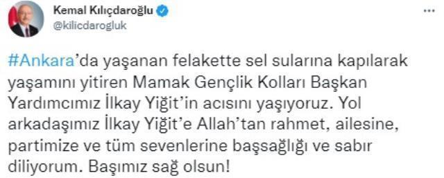 Kılıçdaroğlu, Ankara'daki selde hayatını kaybeden genç siyasetçi için başsağlığı mesajı yayınladı