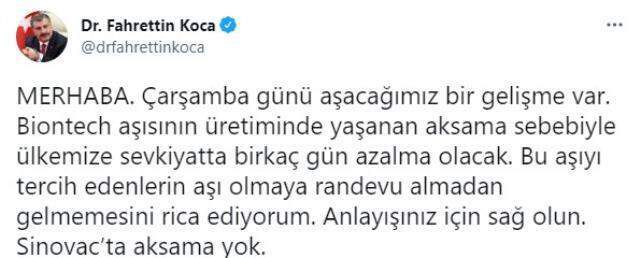 Son Dakika! Bakan Koca'dan BioNTech aşısı için çağrı: Sevkiyatta birkaç gün azalma olacak
