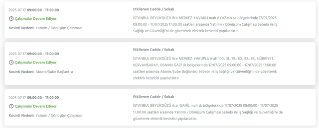 İstanbul BEYLİKDÜZÜ elektrik kesintisi! 17 Temmuz Beylikdüzü elektrik kesintisi ne zaman bitecek, elektrikler ne zaman gelecek?