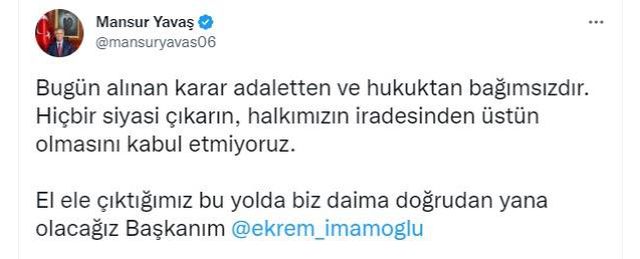 Ne diyeceği merak konusuydu! Mansur Yavaş'tan, İmamoğlu'na verilen cezayla ilgili ilk açıklama
