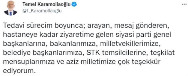 Korona geçiren Karamollaoğlu, kendisine geçmiş olsun diyenlere tek tek teşekkür etti! Bahçeli'nin olmaması dikkat çekti