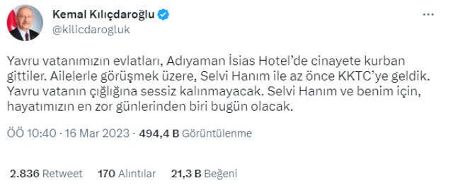 Kılıçdaroğlu, Adıyaman'da depremde hayatını kaybeden KKTC'li öğrencilerin ailelerini ziyaret edecek: Hayatımızın en zor günü olacak