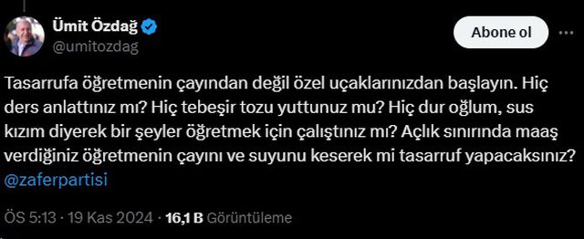 Ümit Özdağ: Tasarrufa özel uçaklarınızdan başlayın