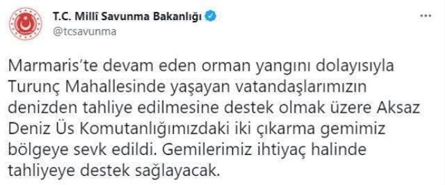 Son Dakika: Milli Savunma Bakanlığı, tahliye çalışmalarına destek vermek amacıyla iki çıkarma gemisini Marmaris'e sevk etti