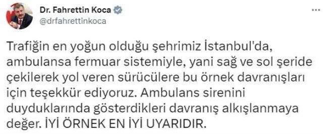 Bakan Koca'dan ambulansa fermuar sistemiyle yol veren sürücülere teşekkür