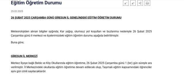 Giresun okullar tatil mi SON DAKİKA? 26 Şubat Çarşamba Giresun okul yok mu (Giresun Valiliği Açıklaması – KAR TATİLİ)?