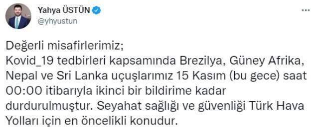 Son Dakika: Türk Hava Yolları, 15 Kasım'dan itibaren Brezilya, Güney Afrika, Nepal ve Sri Lanka'ya uçuşları durdurdu