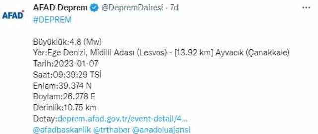 Son Dakika! Ege Denizi'nde Ayvacık açıklarında 4.8 büyüklüğünde deprem