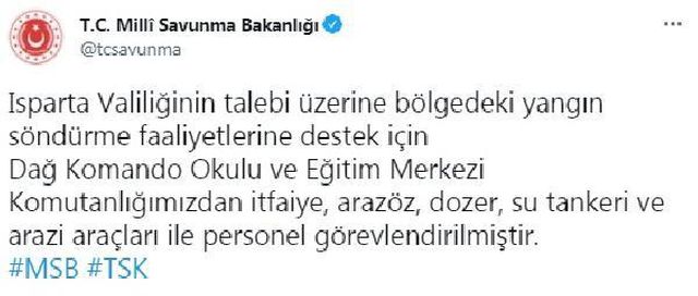 Isparta'daki yangına Dağ Komando Okulu Komutanlığı müdahale edecek