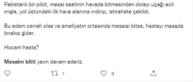 Mesaisi biten pilotun seferi tamamlamayı reddedip acil iniş yaptığı iddiası