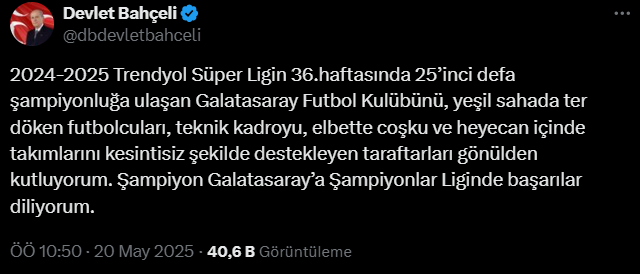 Devlet Bahçeli'den Galatasaray'a tebrik