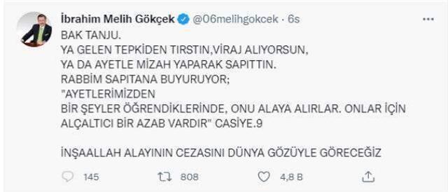Melih Gökçek'ten Tanju Özcan'a sert tepki: Ya viraj alıyorsun, ya da ayetle mizah yaparak sapıttın