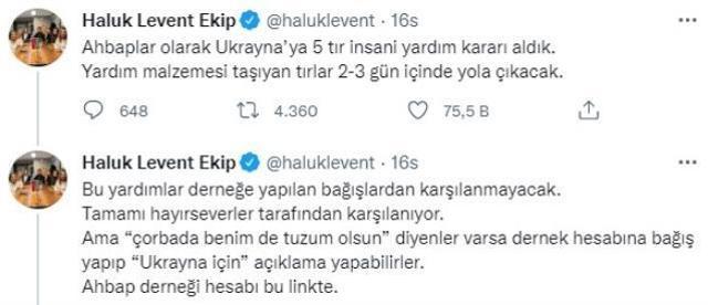 Haluk Levent, Ahbap derneği aracılığıyla savaşla mücadele eden Ukrayna'ya 5 yardım tırı gönderecek