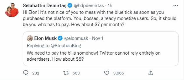 Hapisteki Selahattin Demirtaş, Elon Musk'a tweet attı