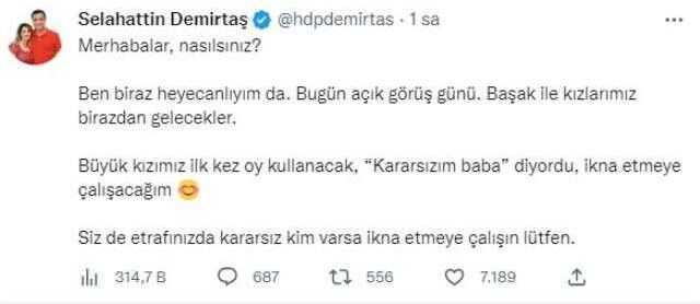 Demirtaş'tan dikkat çeken paylaşım: Kızım ilk kez oy kullanacak, 'Kararsızım' diyordu onu ikna edeceğim