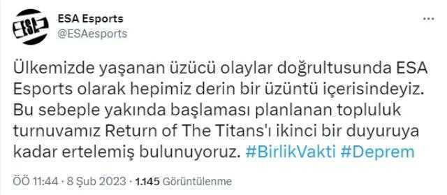 Deprem sonrası Returns of The Titans turnuvası ikinci bir duyuruya kadar ertelendi