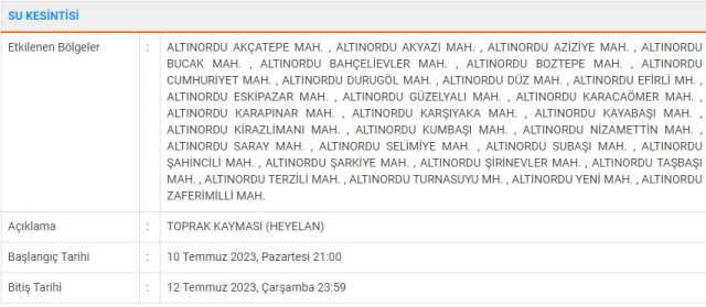 Ordu su kesintisi ne zaman gelecek? 11 Temmuz Ordu sular ne zaman gelecek? Ordu su kesintisi ne zaman bitecek?