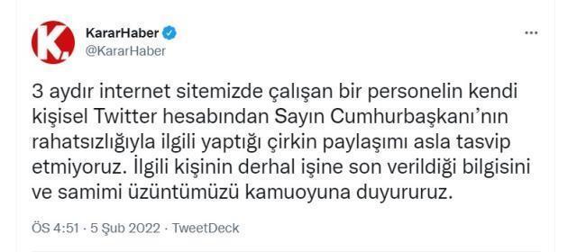 Cumhurbaşkanı Erdoğan hakkında çirkin paylaşımda bulunan internet editörünün işine son verildi