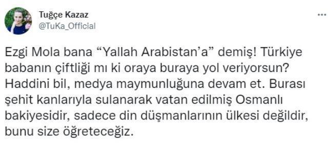 Tuğçe Kazaz'dan kendisine 'Yallah Arabistan'a' diyen Ezgi Mola'ya cevap: Medya maymunu