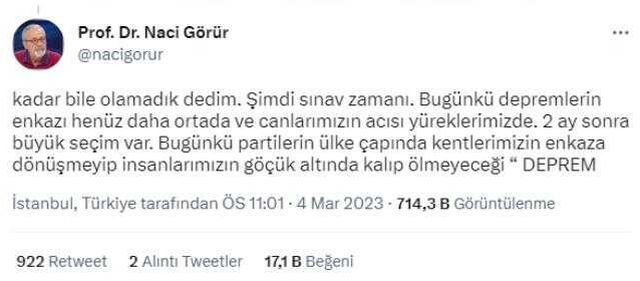 Naci Görür: Depremle ilgili projelerinden tatmin olmadığınız hiçbir partiye oy vermeyin