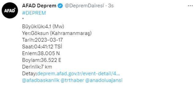 Kahramanmaraş'ta 4,1 büyüklüğünde deprem