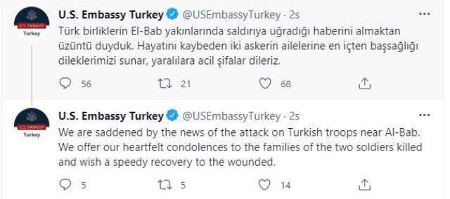 ABD'den El Bab'taki şehitlere ilişkin 2 gün sonra taziye mesajı