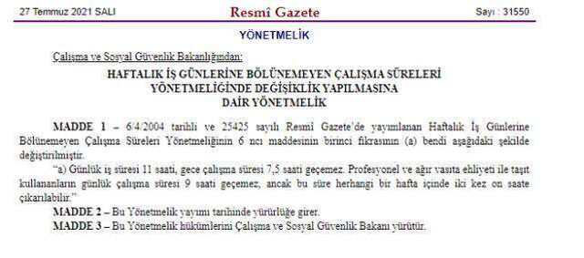 Çalışma sürelerine ilişkin yönetmelik değişti! Günlük iş süresi 11 saati, gece çalışma süresi 7,5 saati geçemeyecek