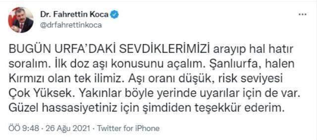 Bakan Koca'dan kırmızı kategorideki tek ilimiz olan Şanlıurfa için yeni uyarı: Risk seviyesi çok yüksek