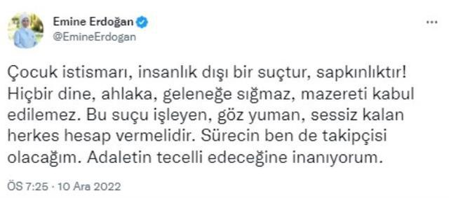 Emine Erdoğan: Çocuk İstismarı, İnsanlık Dışı Bir Suçtur, Sapkınlıktır! Adaletin Tecelli Edeceğine İnanıyorum