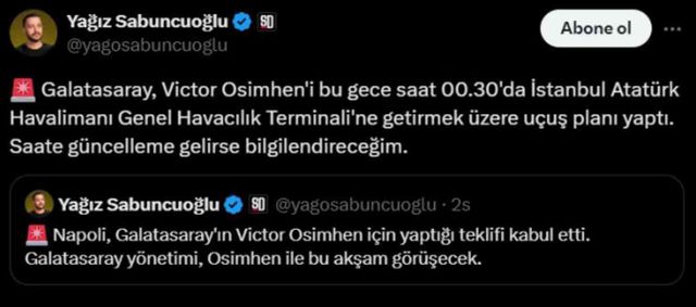 Osimhen uçak takibi kodu nedir? Galatasaray, Victor Osimhen'i kadrosuna kattı