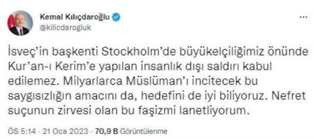 Kılıçdaroğlu'ndan İsveçli politikacının Kur'an-ı Kerim yakmasına sert tepki