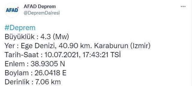 İzmir açıklarında 4.3 büyüklüğünde deprem