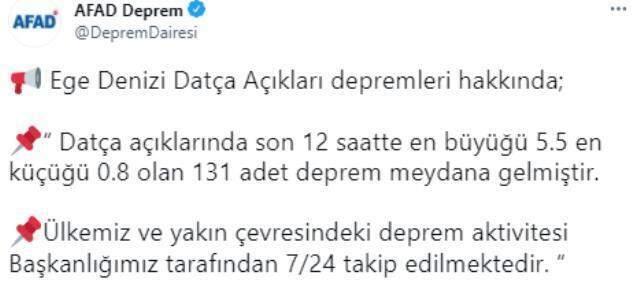 Muğla'nın Datça ilçesi açıklarında son 12 saatte 131 deprem meydana geldi
