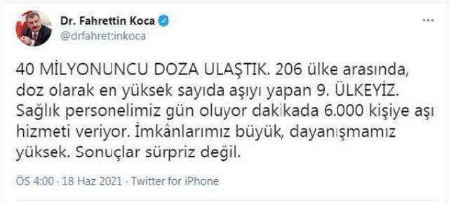 Sağlık Bakanı Koca paylaştı: Aşılamada sayı 40 milyonu aştı