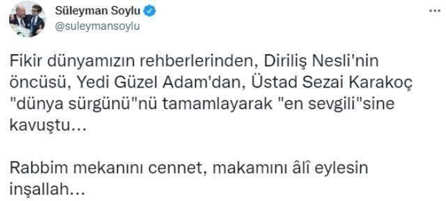 Süleyman Soylu'nun Sezai Karakoç paylaşımı, sosyal medyayı ikiye böldü